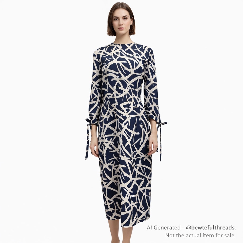 Navy Abstract Midi Dress M Office Chic Parisian Minimalist - Picture 4 of 8